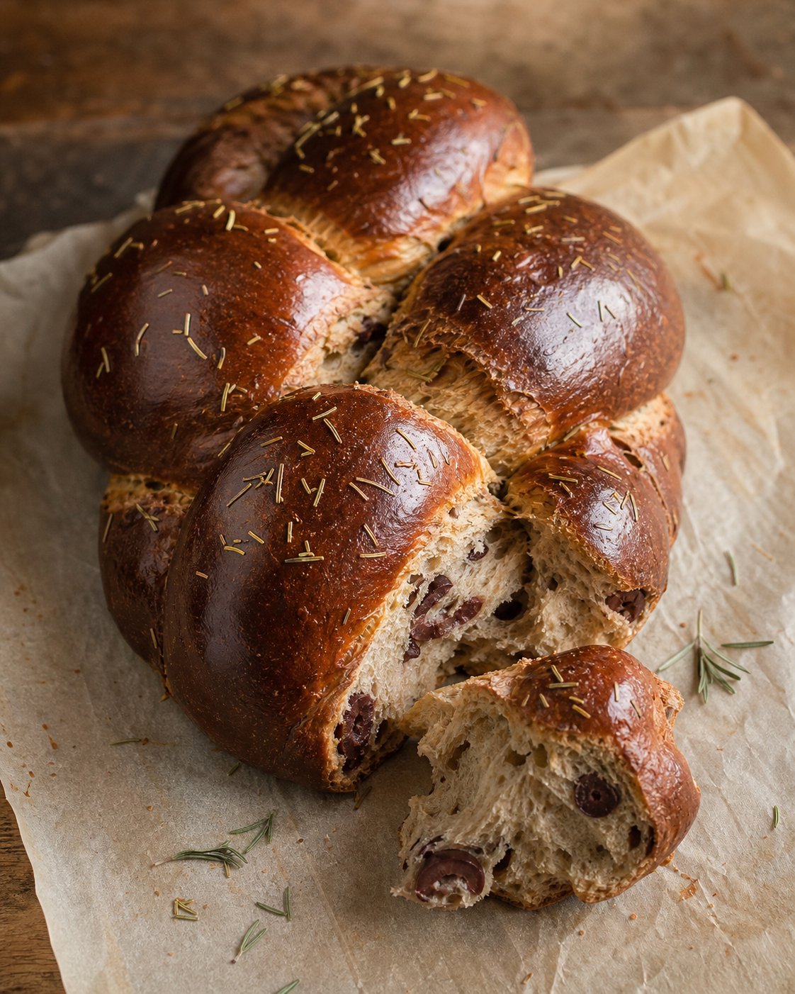 Kalamata Olive and Rosemary Pretzel Challah