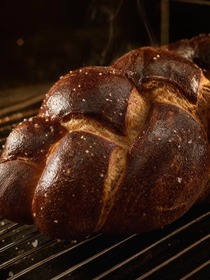Close-up of a finished pretzel challah crust