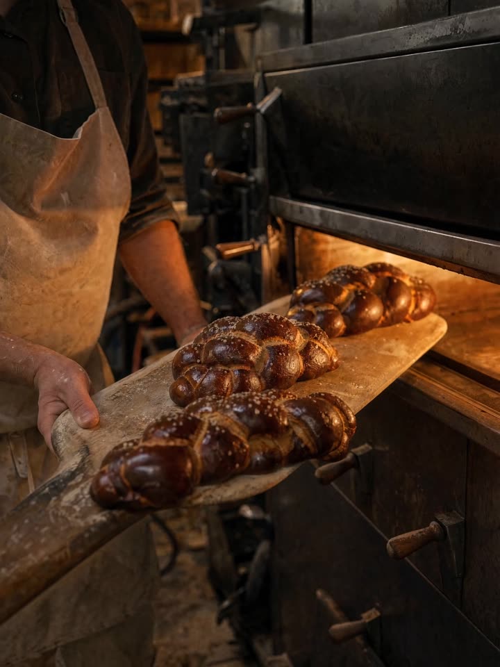 Baked pretzel challahs coming out of the oven on a wooden peel