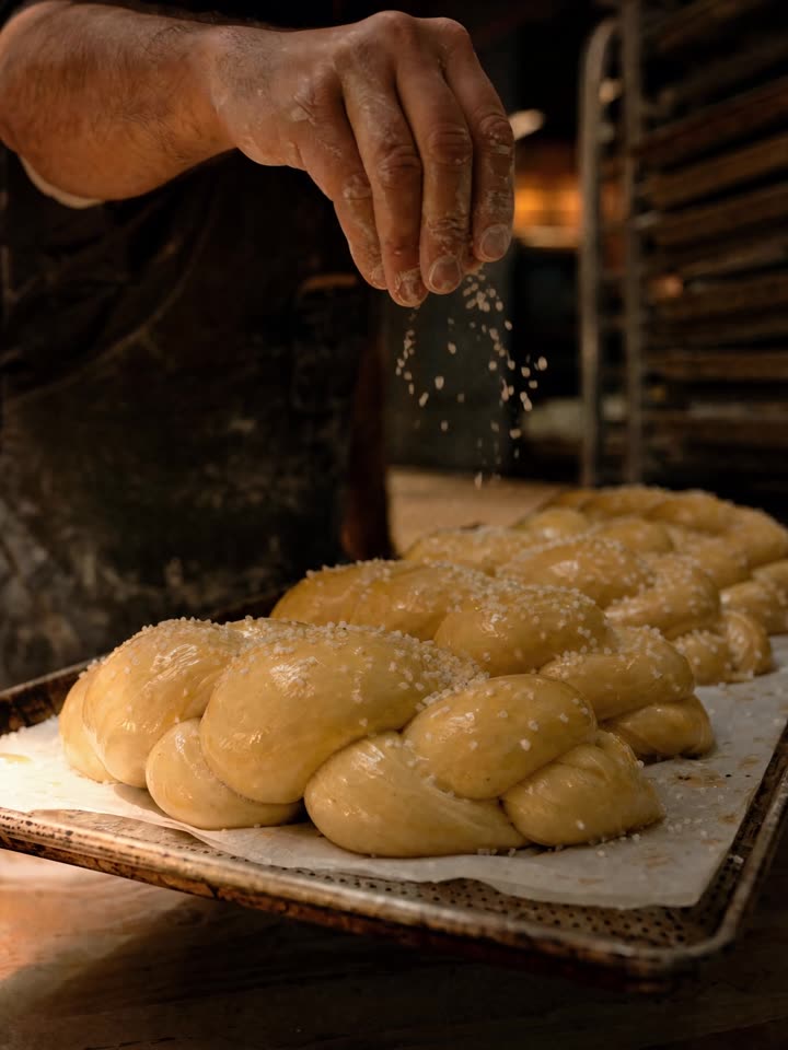Coarse salt scattered over freshly dipped challah